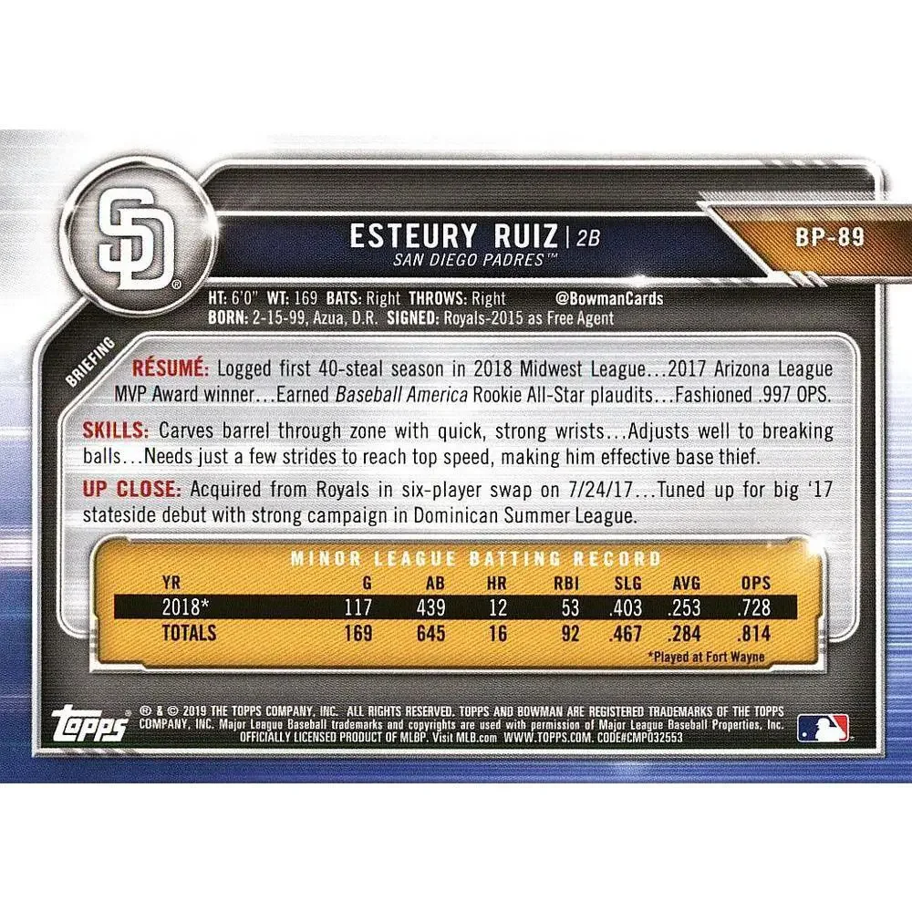 2019 Bowman Prospects Esteury Ruiz #BP-89 San Diego Padres